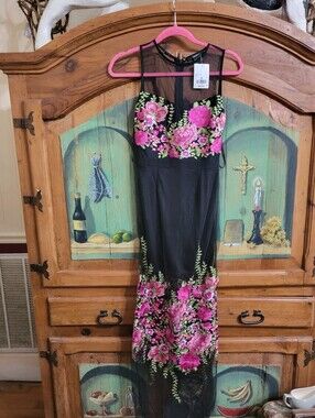 Forever 21 Black Sheer Maxi Dress with Pink Floral Embroidery